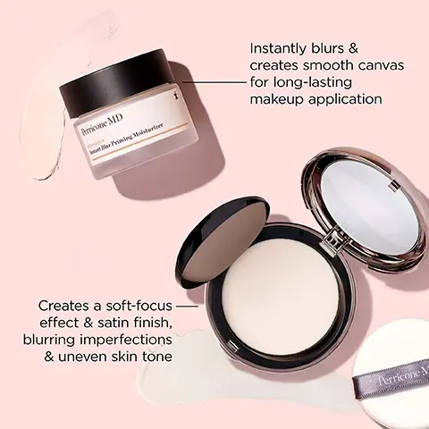 Image 1 - Image shows a jar of Perricone MD Instant Blur Priming Moisturizer next to a compact with a soft focus powder, with descriptions stating it instantly blurs for makeup application and creates a soft-focus effect blurring imperfections and uneven skin tone. Image 2 - A compact mirror with a light powder inside is open beside a round applicator puff labeled Perricone MD, with five stars and a testimonial from Bren stating that it is one of their favorite products because it makes their face look smooth and toned. Image 3, 93%said it instantly controls shine &mattifies skin*92%said it makes skinlook smooth andless oily*" in a consumer study of 105 women after 28 days.perricone mdno hakeliinstant bler priming moisturizer image 4, visibly blurs imperfectionsβ minimizes the look enlarged pores & wrinklescreates smooth canvas prolonged wear for makeup applicationperricone mdperricone mdtant elur moisturizerinstant blur moisturizer