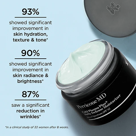 Image 1 - A jar of Perricone MD Cold Plasma Plus+ Daily Defense Moisturizer with a light green cream inside, displaying statistics that 93% showed significant improvement in skin hydration, texture & tone, 90% showed significant improvement in skin radiance & brightness, and 87% saw a significant reduction in wrinkles, with a note that this is based on a clinical study of 33 women after 8 weeks.
Image 2 - A black jar labeled Perricone MD Cold Plasma Plus+ Neck & Chest with the text Broad Spectrum SPF 25 and five stars above it; the quote below reads My neck looks tighter, smooth & beautiful. Tana.