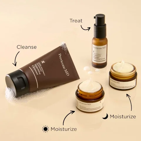 Image depicting a skincare routine with a brown cleansing tube labeled Perricone MD, a small brown serum bottle, and two jars of moisturizers on a light background, with arrows indicating the steps: Cleanse, Treat, and Moisturize.