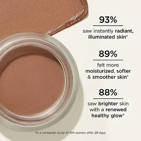 Image 1 - A close-up image of a jar containing a creamy brown cosmetic product, alongside text highlighting benefits: 93% saw instantly radiant, illuminated skin; 89% felt more moisturized, softer, and smoother skin; 88% saw brighter skin with a renewed healthy glow, with a note about a consumer study of 104 women after 28 days.
Image 2 - Three clear jars of cream are arranged on top of colored swatches; visible text includes VITAMIN C ESTER Brightens & Smooths, NIACINAMIDE Visibly Renews & Restores, and SHEA BUTTER Intensely Moisturizes & Hydrates.
Image 3 - Three cosmetic cream containers are displayed on a pale surface: the first labeled PEARL describes a neutral sheer luminosity with opal shimmer, the second labeled COOL ROSE describes a cool sheen of pink with silver shimmer, and the third labeled BRONZE describes a neutral sheer bronze tint with golden shimmer.
Image 4 - A close-up image of a creamy, beige cosmetic product swatched on a surface, featuring two customer testimonials: one from Wendy M. praising it for giving a natural glow and blurring imperfections, and another from Theresa G. expressing love for how it glows without settling into fine lines. Image 5 - An open jar of pink cream makeup with text instructions HOW TO 1. Break the surface with your finger. 2. Apply anywhere you want to tint and glow. The jar is labeled one MD.