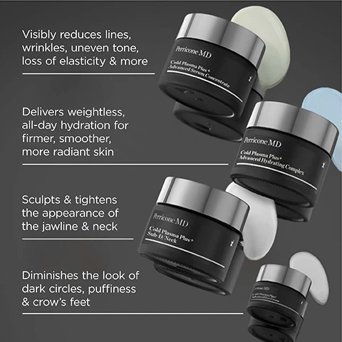 Image 1 - A flat lay composition shows four black jars of Perricone MD Cold Plasma Plus+ skincare products with shiny silver lids and dabs of white, light green, and light blue cream on a dark grey background, with text reading Visibly reduces lines, wrinkles, uneven tone, loss of elasticity & more; Delivers weightless, all-day hydration for firmer, smoother, more radiant skin; Sculpts & tightens the appearance of the jawline & neck; Diminishes the look of dark circles, puffiness & crows feet, and visible product labels stating Perricone MD Cold Plasma Plus+ Advanced Serum Concentrate, Perricone MD Cold Plasma Plus+ Advanced Hydrating Complex, Perricone MD Cold Plasma Plus+ Sub-D/Neck, and Perricone MD Cold Plasma Plus+ Advanced Eye Cream. Image 2 - A white bowl filled with bright blue granular powder and a small wooden scoop rests on a light blue background adorned with abstract chemical structures and the visible text 29 Cu, COPPER TRIPEPTIDE Dramatically Firms & Smooths, and a small Cu symbol within one of the structures.