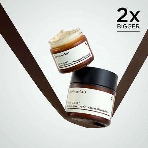 Image 1 - Two amber jars of Perricone MD Retinol Recovery Overnight Moisturizer are featured, one open showing cream and the other closed, positioned between a diagonal brown ribbon with the text 2x BIGGER in the top right corner. Image 2 - A dark brown jar of Perricone MD HIGH POTENCY Retinol Recovery Overnight Moisturizer rests on a swirl of white cream, with text stating 100% showed significant improvement in hydration*, 91% saw reduced dullness by morning**, and 83% showed a significant reduction in fine lines, wrinkles, uneven texture & tone†, followed by footnotes *In a clinical study of 30 women after 8 weeks, **In a consumer study of 107 women after 28 days, †In a clinical study of 35 women after 8 weeks. Image 3 - The image displays a before and after comparison of a forehead showing a visibly wrinkled area labeled BEFORE, and a much smoother area labeled AFTER 1 WEEK, with a product jar labeled Perricone MD HIGH POTENCY Retinol Recovery Overnight Moisturizer.