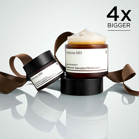 Image 1 - A large open jar of cream sits on a black pedestal next to a smaller tilted closed jar, both surrounded by a brown ribbon on a reflective light surface, displaying the text Perricone MD HIGH POTENCY Hyaluronic Intensive Moisturizer, Perricone MD HIGH-POTENCY CLASSICS Hyaluronic Intensive Moisturizer, 4x BIGGER. Image 2 - A close-up of an open jar of cream showing its white texture, with three icons and text above detailing product features: DMAE Intensive Firming, 3 FORMS OF HYALURONIC ACID All-Day Essential Hydration, and ROSEMARY LEAF EXTRACT Herbal Firmer.