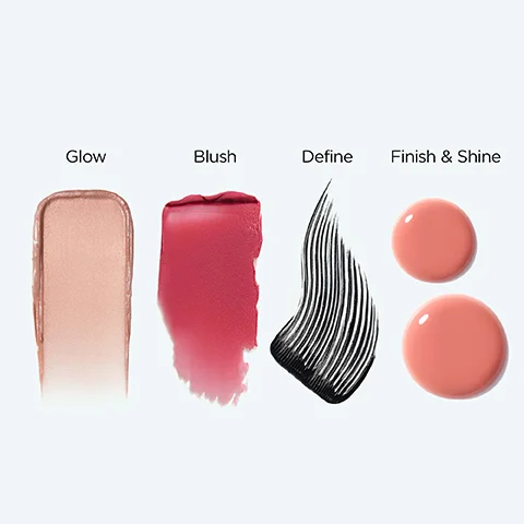 The image shows four makeup swatches: a shimmery beige swatch, a creamy dark pink swatch, a curved black mascara-like swatch, and two glossy peach drops, with the labels Glow, Blush, Define, and Finish & Shine.