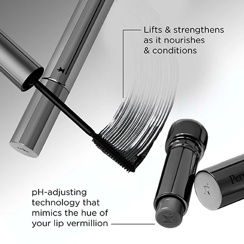 Image 1 - A mascara tube with its wand out shows a black mascara streak, next to a metallic lip balm tube with its cap off revealing the balm stick; visible text says Lifts & strengthens as it nourishes & conditions, and pH-adjusting technology that mimics the hue of your lip vermillion. Image 2 - A dark grey lipstick tube with a dark grey product stick is shown next to a shimmering light purple product swatch, with before and after images of lips to the left, showing paler lips then pinker lips, and text that reads: With innovative pH-adjusting technology, this formula instantly adapts to your skin to mimic the hue of your lip vermilion, BEFORE, AFTER APPLICATION. Image 3 - An image showing before and after close-ups of an eye to demonstrate mascara results, with a black mascara tube and wand on the right against a background of black mascara strokes, featuring text that reads 92% said their lashes looked fuller, longer & lifted immediately after application* *In a consumer study of 54 women after 28 days. BEFORE. AFTER APPLICATION.